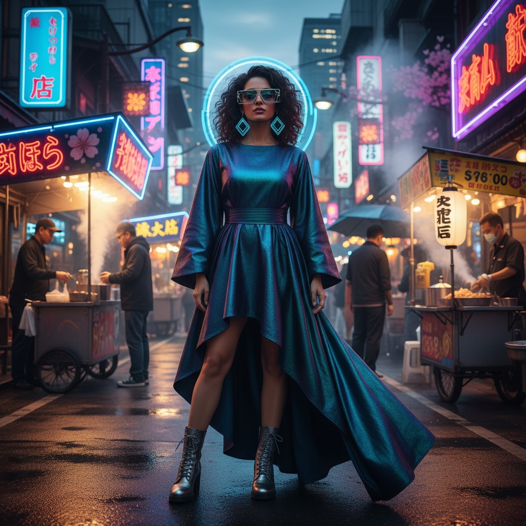 Emily, a striking Arab female figure aged 35, embodies the vibrant and eclectic spirit of Osaka. Dressed in an avant-garde high-low asymmetrical dress made of iridescent silk in deep indigo and emerald green, her attire mirrors the city’s neon skyline. She stands confidently in a bustling Osaka street market, surrounded by neon signs, street vendors, and cherry blossom motifs, her fierce gaze complemented by a playful smirk. Oversized wire-frame sunglasses and bold statement earrings complete her look, reflecting the chaotic beauty of the environment. The neon glow creates an ethereal halo around her, capturing the essence of Osaka’s nightlife.