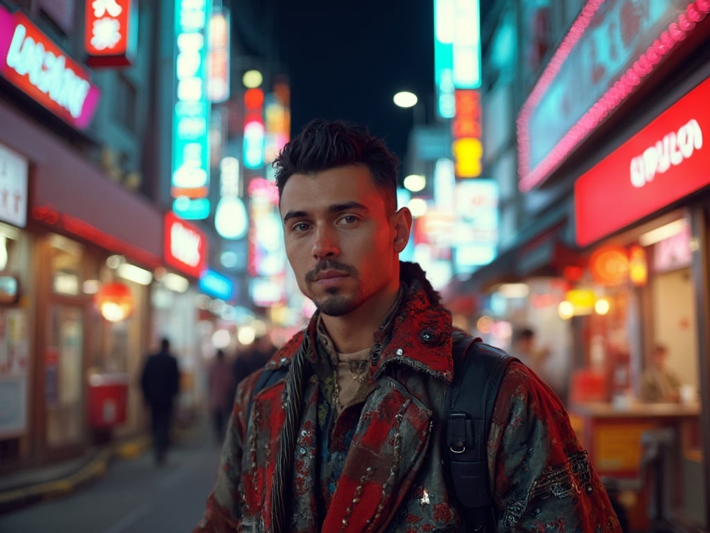 James, a 30-year-old Latin male, is standing in a vibrant Osaka street scene filled with colorful neon lights and traditional Japanese architecture. He is dressed in a stylish outfit that blends contemporary fashion with cultural elements, looking confidently at the camera. The lively atmosphere of Osaka surrounds him, showcasing bustling shops and a dynamic urban vibe, capturing the essence of modern Japan.