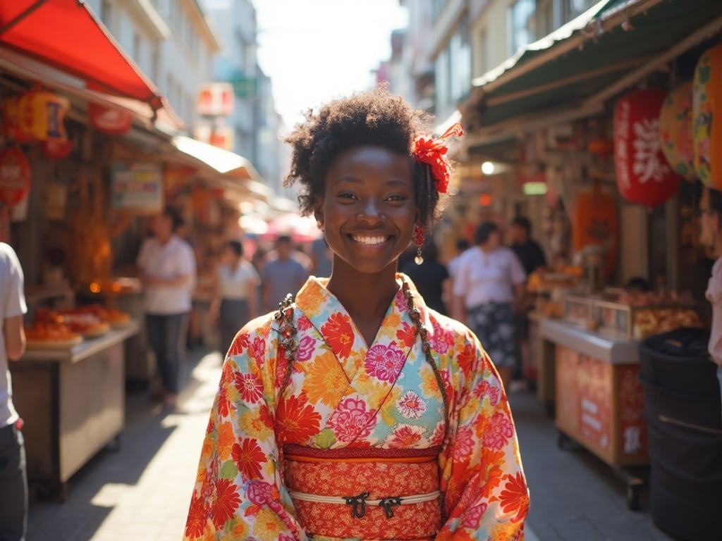 Olivia, a 25-year-old black female, smiling warmly in a vibrant street market setting in Osaka. She is wearing a colorful, traditional Japanese kimono with floral patterns, surrounded by stalls filled with delicious street food and local crafts, the atmosphere lively and bustling. The sun is shining brightly, illuminating her vibrant attire and the cheerful energy of Osaka.