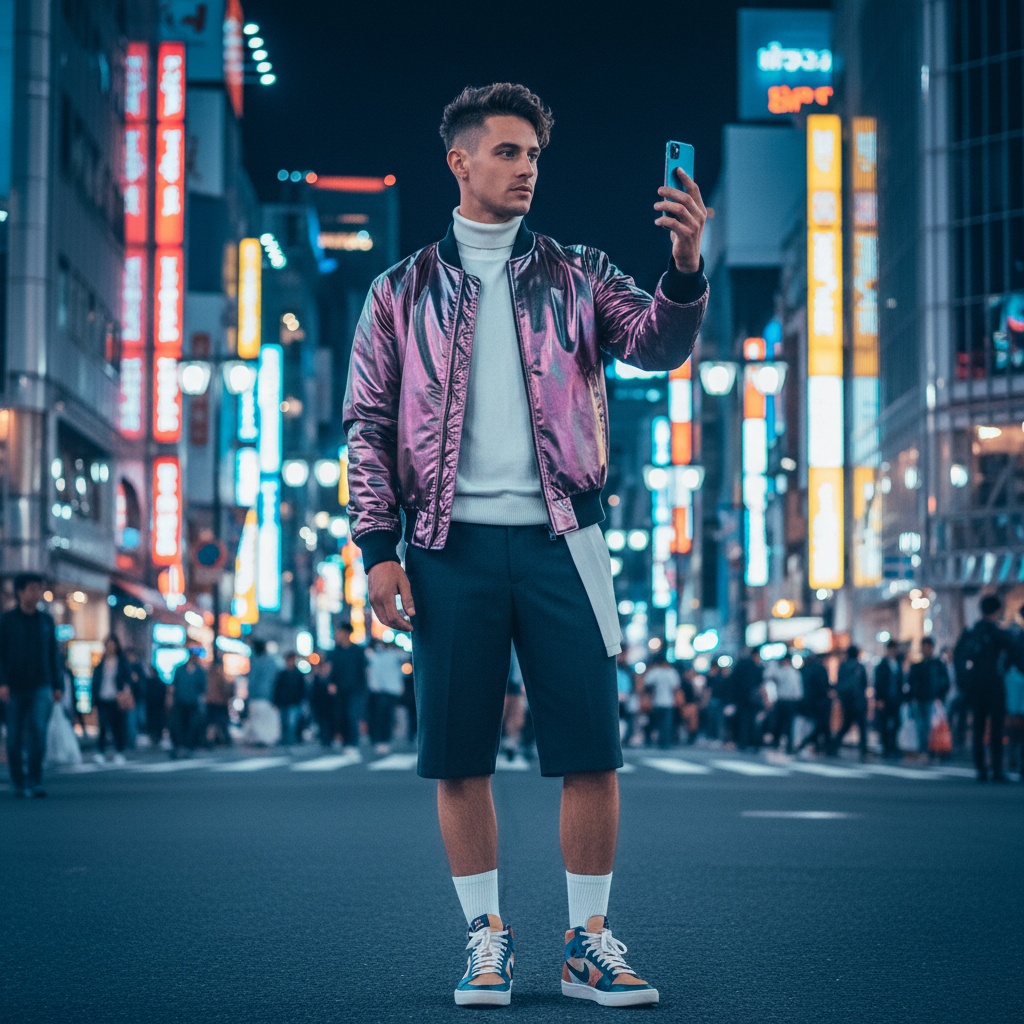 David, a 26-year-old male model, confidently stands against the vibrant Tokyo urban landscape, surrounded by neon lights and bustling streets. He embodies the city's spirit in an avant-garde outfit featuring an asymmetrical bomber jacket made of iridescent vinyl over a crisp white turtleneck, paired with sleek cropped trousers and eclectic high-top sneakers. His chic undercut and tousled waves add to his cool demeanor, while he holds a smartphone, capturing the chaos around him. The scene is alive with electric blues, hot pinks, and vivid yellows, illuminated with dynamic lighting that highlights his features amidst the vibrant bokeh of the city night, all encapsulating the essence of modern Tokyo fashion. The visual narrative speaks to adventure and exploration, set against a backdrop of cultural crossroads.