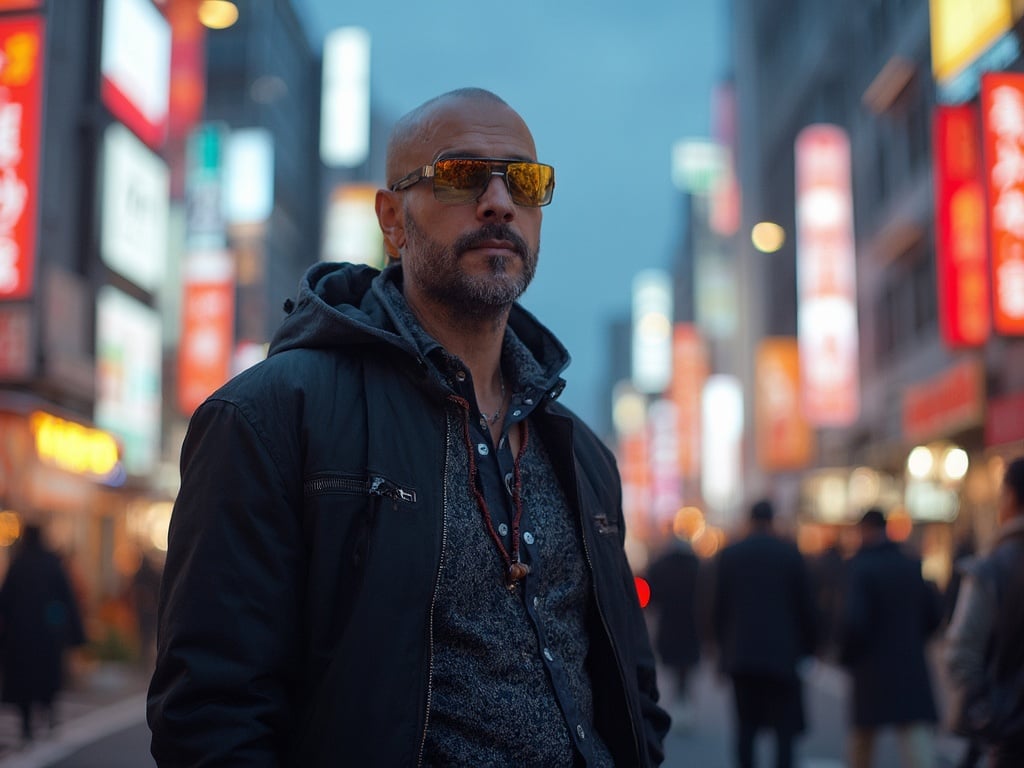 David, a 40-year-old Arab male, captured in an urban setting in Tokyo. He is standing against a backdrop of vibrant neon lights and busy streets, wearing a modern, stylish outfit that reflects both his cultural heritage and the contemporary fashion of Tokyo. The scene conveys a sense of adventure as David engages with the dynamic atmosphere of the city at dusk.