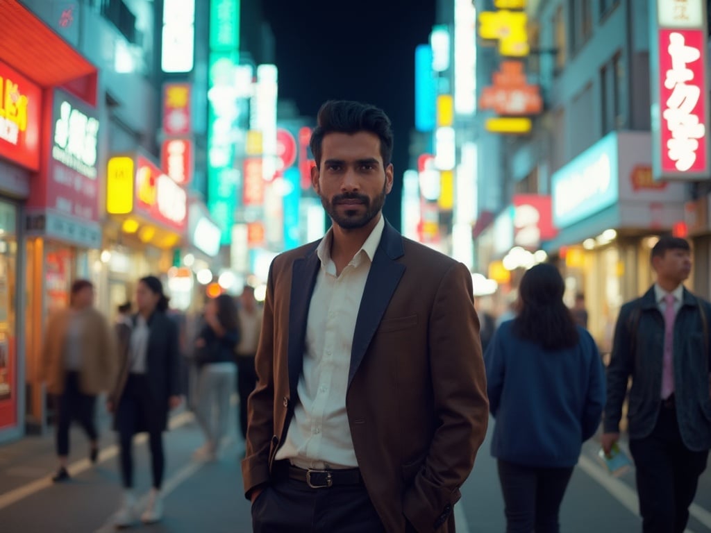James, a 40-year-old Indian male, standing confidently in the vibrant streets of Tokyo. He is dressed in smart-casual attire, blending traditional and modern elements. The bustling city life surrounds him with colorful neon signs and people walking by. Captured during the evening, the soft glow of the city adds an atmospheric touch to the scene, highlighting James's connection to this dynamic urban environment.