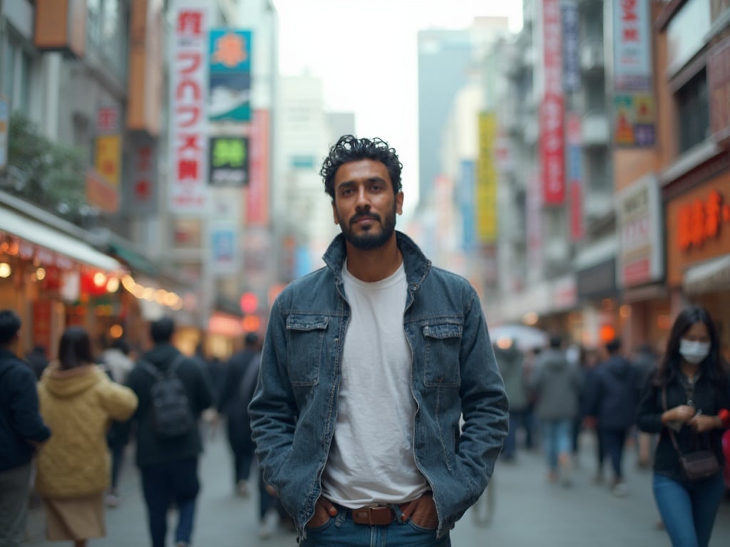 A 40-year-old Indian male, John, standing confidently in the bustling streets of Tokyo. He is dressed in modern casual attire, blending in with the vibrant urban atmosphere. The backdrop features iconic Tokyo landmarks and busy pedestrian activity, capturing the essence of the city while highlighting John's unique presence in a culturally rich environment.