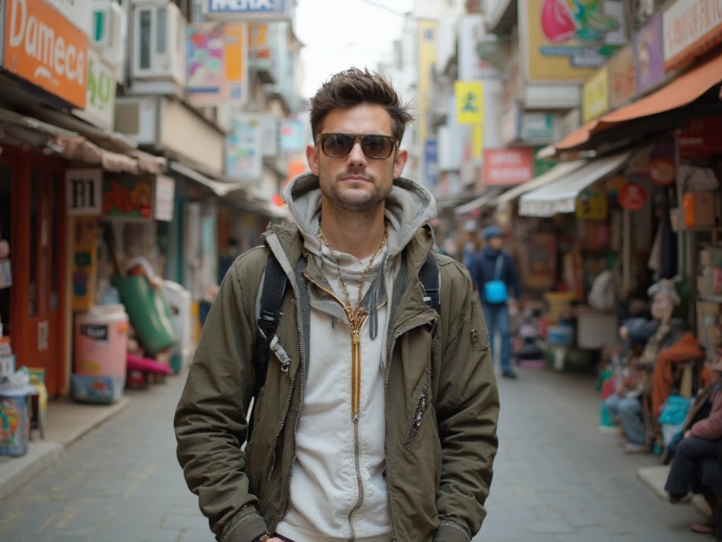 David, a 40-year-old Caucasian male, stands confidently in the vibrant streets of Busan, South Korea. He is dressed in a trendy urban outfit, blending well with the eclectic atmosphere around him. The background features colorful street art and bustling local shops, showcasing the lively culture of Busan. The scene is vibrant and full of energy, capturing David's adventurous spirit in a city known for its unique blend of tradition and modernity.