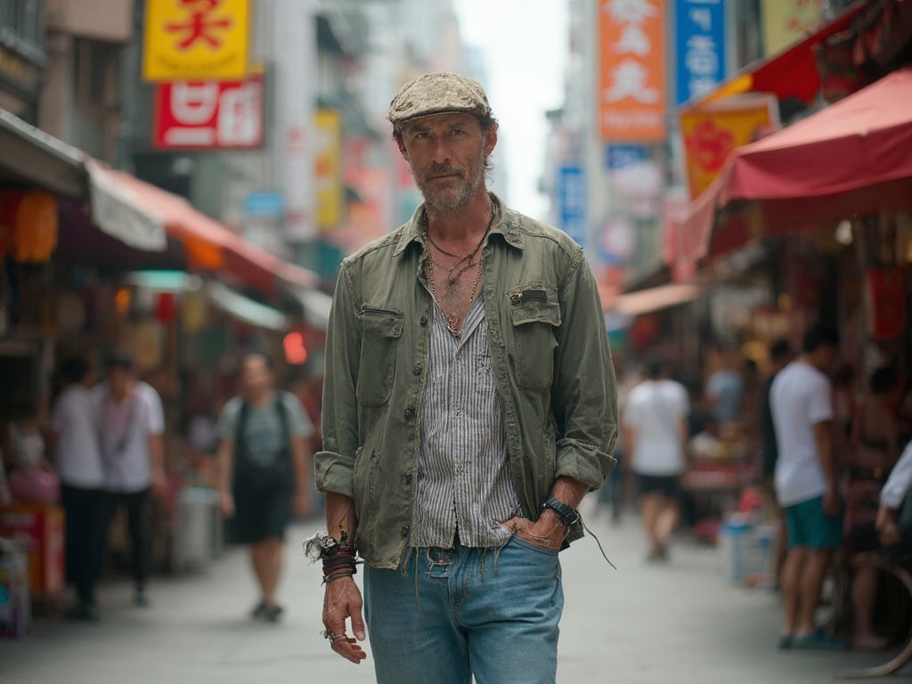 James, a male in his 40s of white ethnicity, standing on a bustling street in Busan. He is casually dressed in a stylish outfit, exuding a laid-back yet confident demeanor. The background features vibrant street life, with colorful signs and people going about their day, capturing the essence of Busan. The scene is filled with energy and reflects the cultural richness of the city.