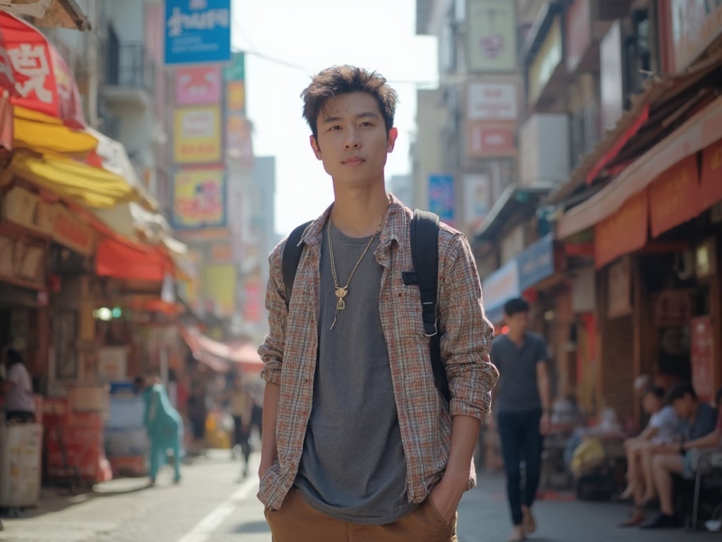 Michael, a 25-year-old Asian male, stands against the backdrop of the vibrant streets of Busan, South Korea. He is casually dressed in a trendy outfit, with the bustling city life surrounding him, featuring colorful street signs and the lively atmosphere of the markets. The scene captures the essence of youth and urban excitement in a dynamic environment.