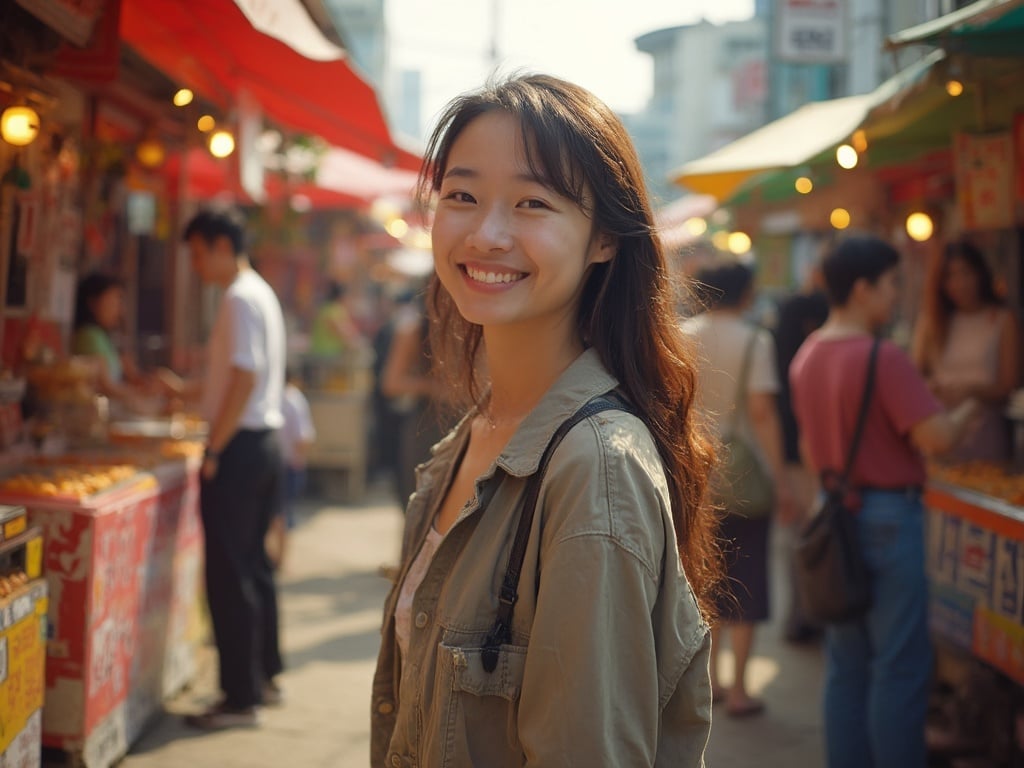 A 30-year-old Asian female, Jane, standing in a vibrant South Korean street market, showcasing her lively spirit. She is dressed in a contemporary outfit, smiling gently at the camera with colorful stalls and street food in the background. The scene captures the essence of South Korean culture, with a busy atmosphere filled with locals and tourists. The lighting reflects a warm afternoon sun, enhancing the vibrant colors of the market.