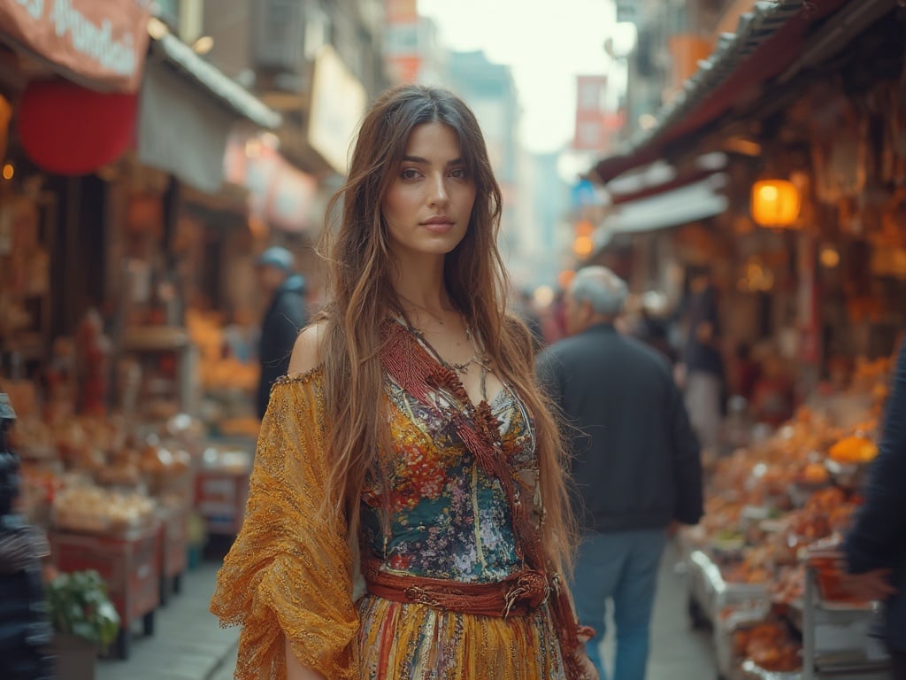 Jane, a 35-year-old Middle Eastern woman, is photographed in a vibrant urban setting in South Korea, showcasing a mix of traditional and modern influences. She is dressed in a fashionable outfit that blends Korean styles with her cultural background, standing in front of a bustling street market filled with colorful shops and delicious food stalls. The scene captures the lively and dynamic atmosphere of South Korea while highlighting Jane's unique heritage.