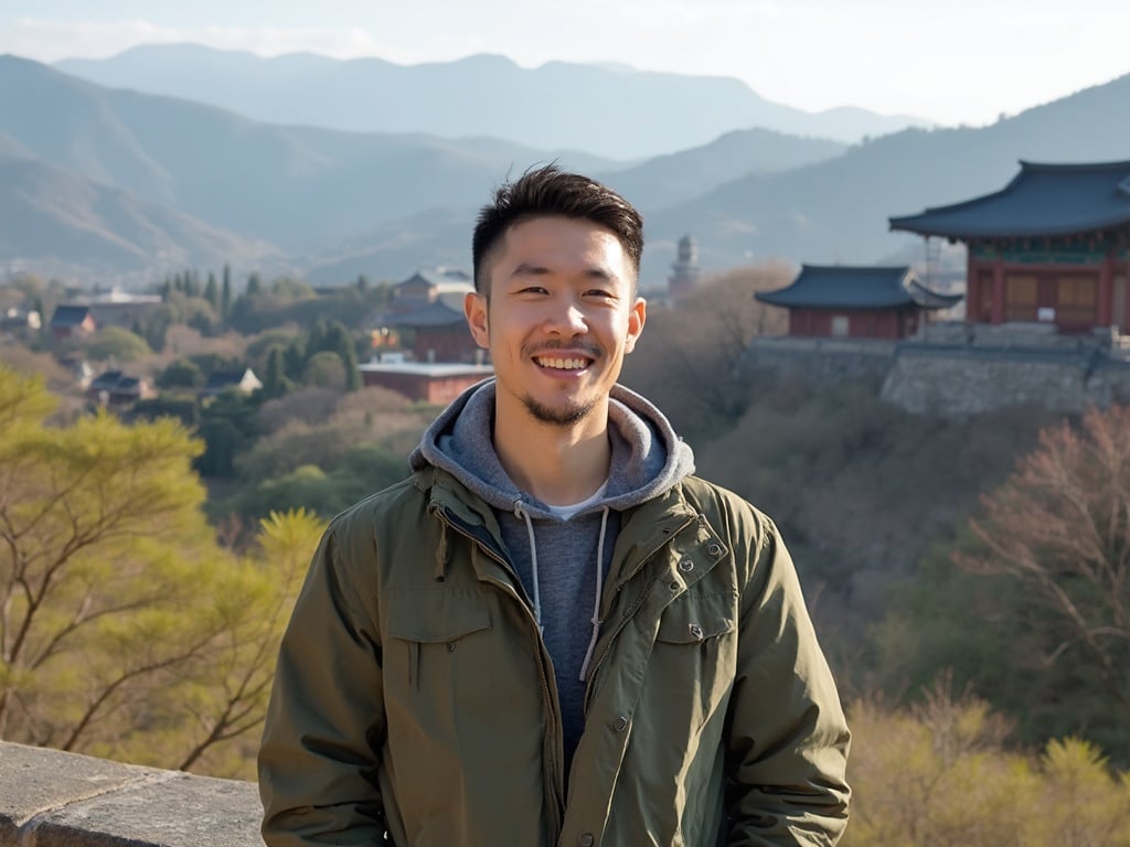 James, a 30-year-old Asian male, standing in a scenic location in Gyeongju, South Korea. He is dressed in casual clothing, enjoying the historical surroundings that reflect Korean culture. The background showcases traditional architecture, with lush greenery and sights that evoke the beauty of Gyeongju's heritage, capturing James's connection to the place.
