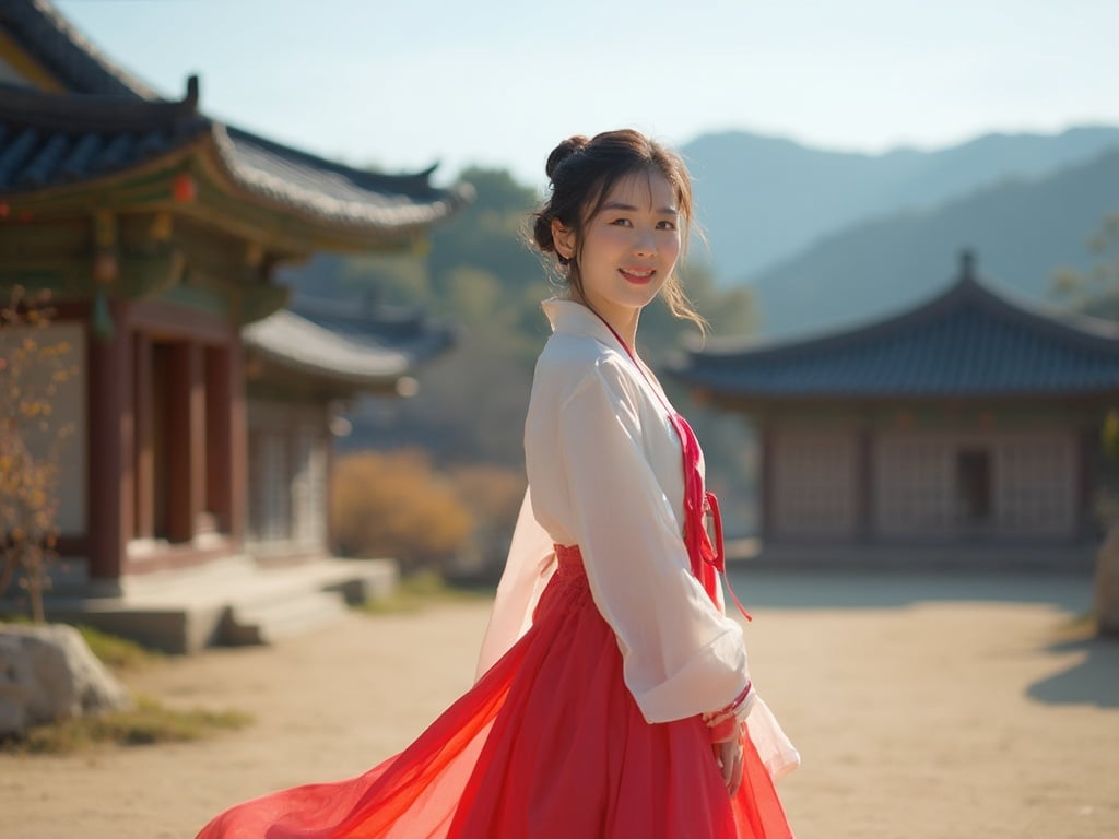 A 30-year-old white female, Jane, standing gracefully amidst the historical sites of Gyeongju, South Korea. She is dressed in a flowing traditional hanbok that showcases vibrant colors against the backdrop of ancient tombs and temples. The setting is imbued with cultural richness, highlighting Jane's appreciation for heritage as she smiles softly in the daylight, capturing the essence of Gyeongju's beauty. The atmosphere is serene, with a hint of local flora surrounding her.