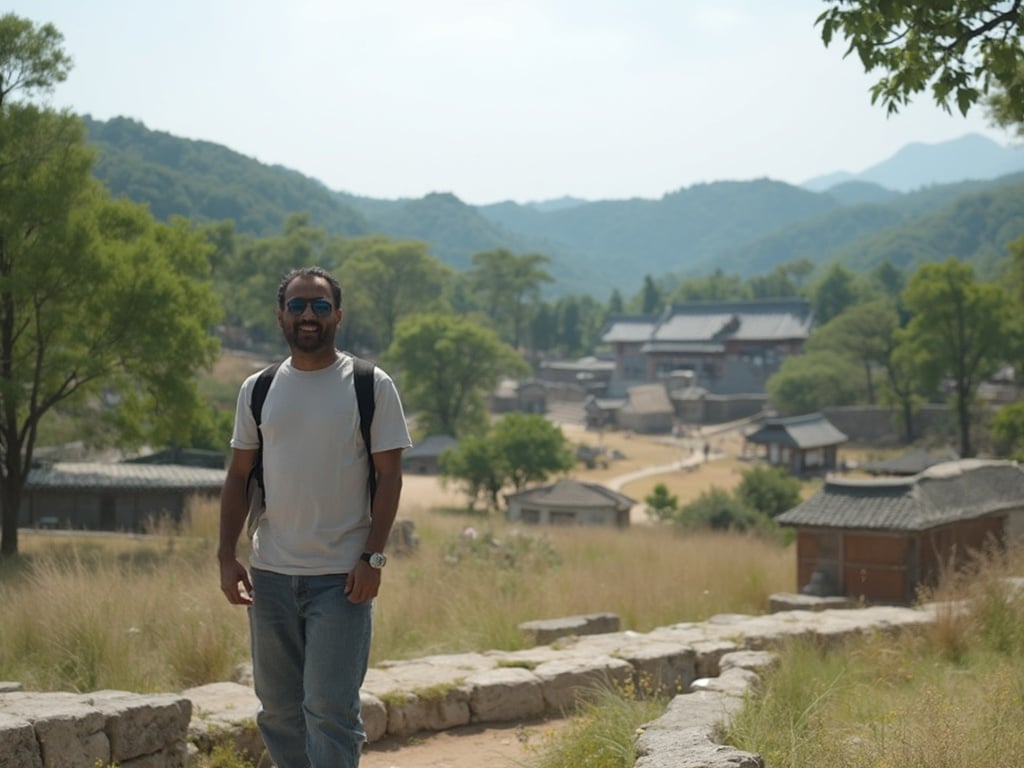 John, a 30-year-old Indian male, standing amidst the historical sites of Gyeongju, South Korea. He's casually dressed, with a slight smile, as he admires the ancient architecture surrounding him. The scene captures the beautiful blend of nature and history, showcasing lush greenery and traditional structures, reflecting the rich cultural heritage of Gyeongju.