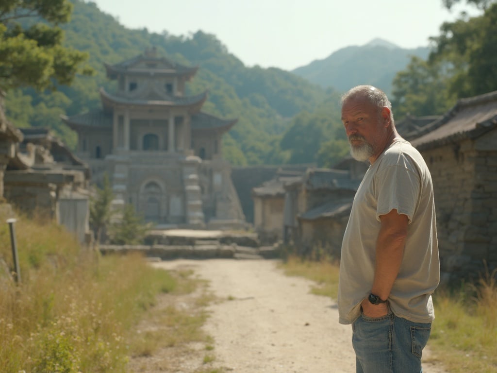 Michael, a 25-year-old white male, standing in front of the ancient tombs of the Silla Dynasty in Gyeongju, South Korea. He is casually dressed in a light t-shirt and jeans, with a curious expression, exploring the historical site. The setting showcases the lush greenery and ancient architecture, reflecting the rich cultural heritage of Gyeongju, surrounded by a serene atmosphere. The sun casts a soft glow, highlighting both Michael and the ancient structures behind him.