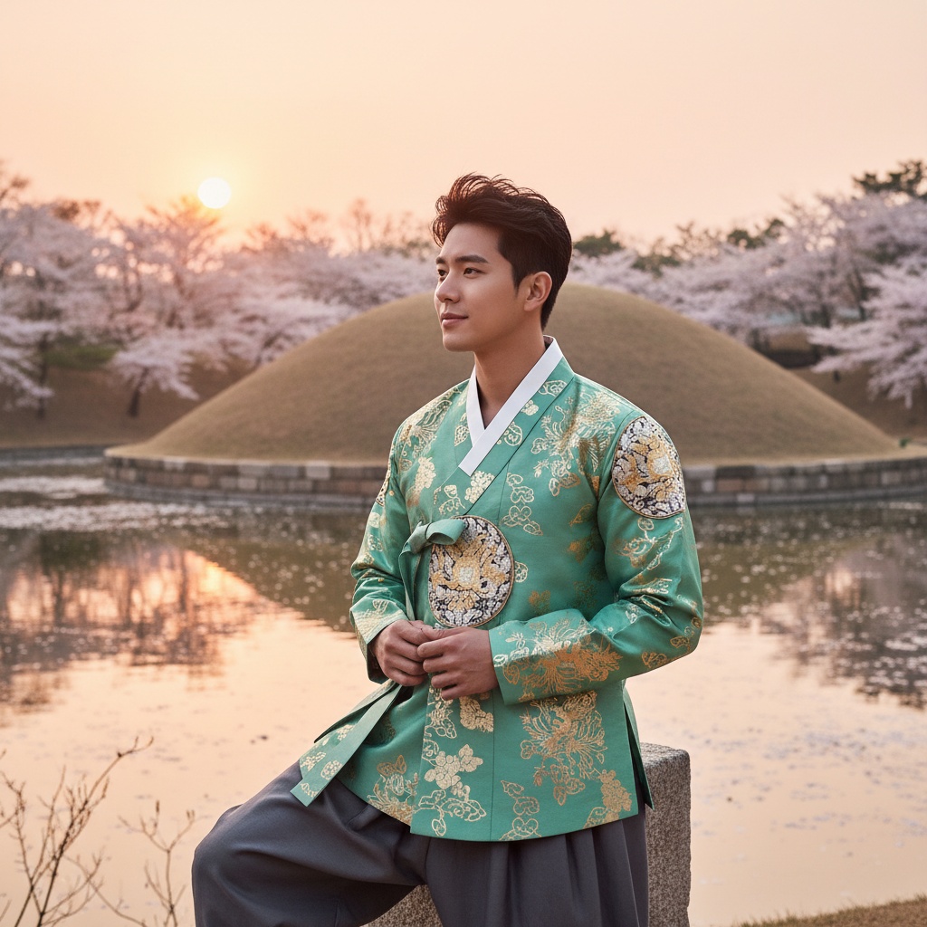 Michael, a captivating 22-year-old Latin male model, standing amidst the breathtaking ruins of ancient tombs in Gyeongju, South Korea. He is draped in a contemporary reinterpretation of traditional Korean hanbok, featuring a tailored jade silk jacket with intricate embroidery and elegant flowing trousers. His contemplative demeanor, soft smile, and styled dark hair reflect the serene yet vibrant spirit of the area. The setting sun casts a warm glow over the iconic Anapji Pond in the background, with cherry blossoms creating a dreamlike atmosphere. Natural, diffused lighting highlights the textures of the hanbok, capturing the essence of Gyeongju's cultural depth and modern elegance. This image embodies youth anchored in tradition, perfect for high-fashion editorial.