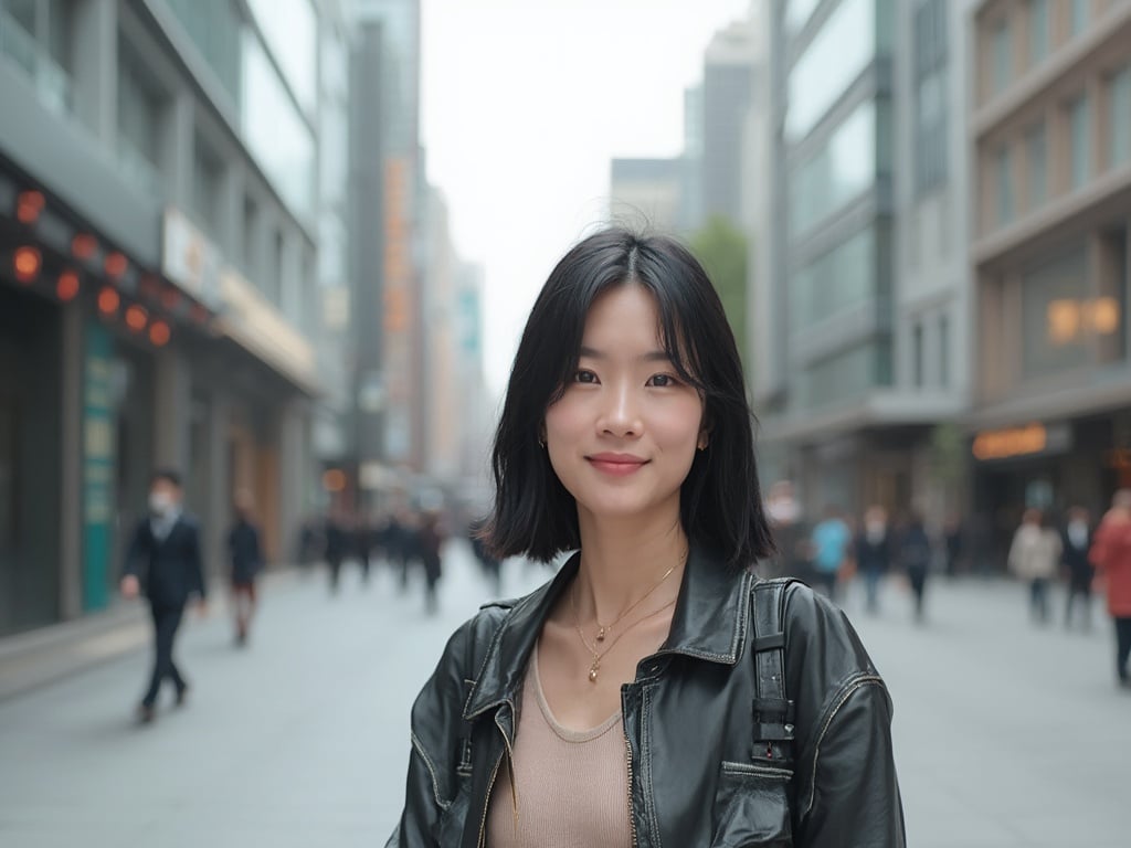 Emily, a 40-year-old Asian female, standing in front of the modern architecture of Incheon, South Korea. She has shoulder-length black hair and is wearing a stylish outfit suitable for a casual day out. The background features a bustling urban environment with a hint of Korean culture, emphasizing the vibrancy of Incheon.