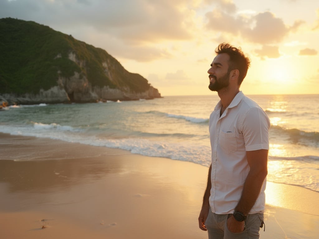 John, a 35-year-old Middle Eastern male, standing on a beautiful beach in Jeju Island. He is casually dressed, enjoying the scenic view of the ocean with lush green cliffs in the background. The sun is setting, casting warm golden hues across the sky and reflecting on the water, creating a tranquil and picturesque setting that embodies the beauty of Jeju Island.