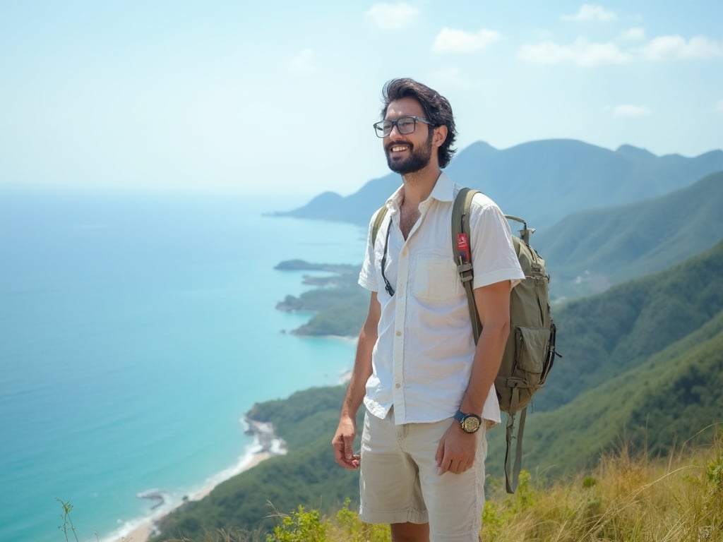 John, a 35-year-old Indian male, standing on a scenic overlook at Jeju Island. He is casually dressed in a light summer shirt and shorts, with the stunning coastline and volcanic mountains in the background. The atmosphere is bright and inviting, capturing the natural beauty of Jeju Island. The image showcases John's engagement with the vibrant surroundings, embodying a sense of adventure and relaxation.