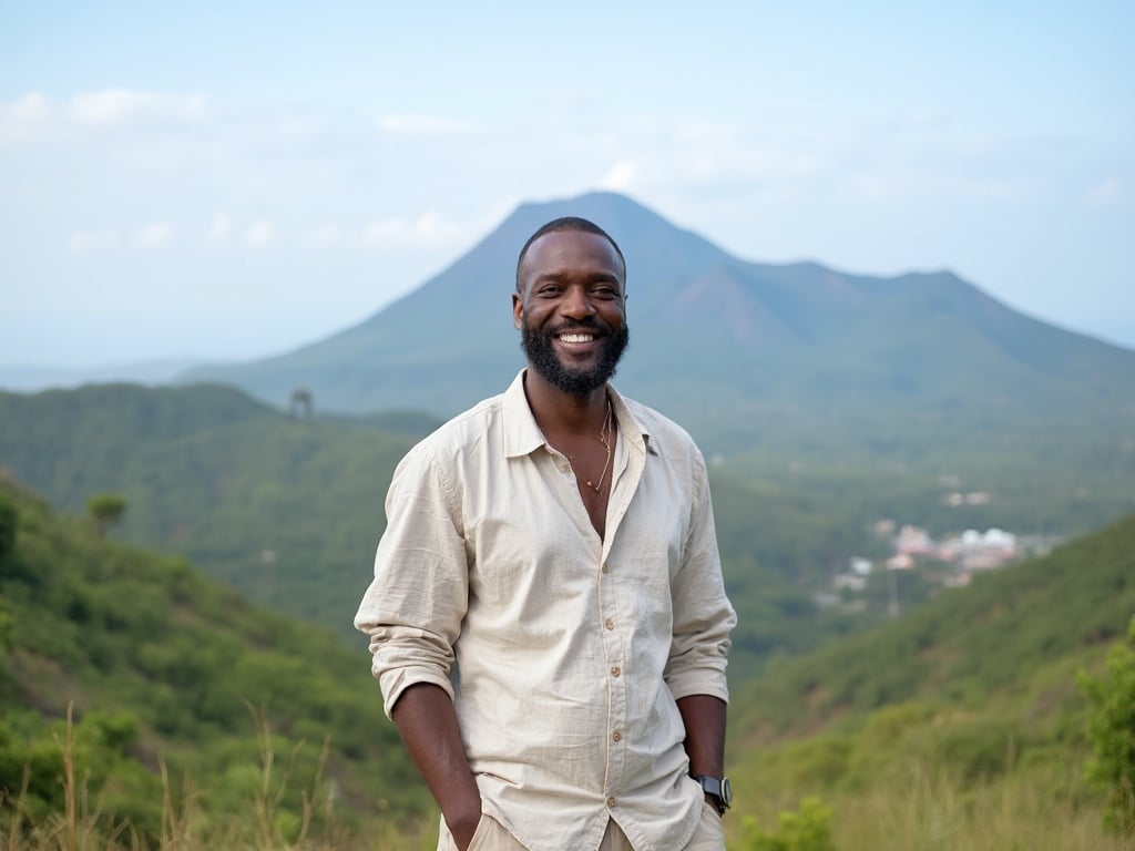 John, a 35-year-old black male, standing on Jeju Island with a scenic backdrop of volcanic landscapes and lush greenery. He has a warm smile, dressed casually in a lightweight shirt and shorts, embodying the relaxed atmosphere of the island. The sky is clear, highlighting the beauty of the natural scenery, making it a perfect depiction of a tranquil day on Jeju Island.