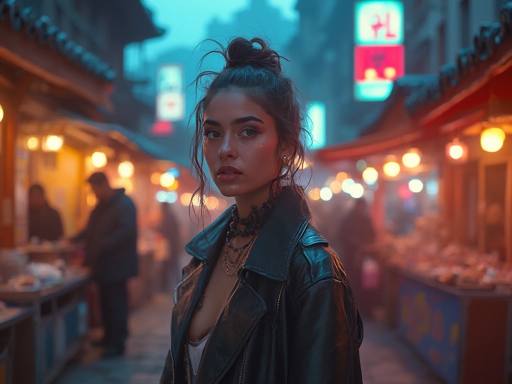 Olivia, a 25-year-old Middle Eastern female, stands confidently in the vibrant streets of Seoul. Dressed in trendy urban attire, she is surrounded by neon lights and lively street vendors, with traditional Korean architecture in the background. The scene captures the fusion of cultures, showcasing Olivia's unique style and the dynamic atmosphere of the city at dusk, embodying a blend of modernity and tradition.