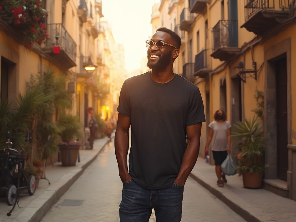 A 30-year-old black male named David standing in a vibrant street scene in Barcelona, surrounded by colorful architecture and lively atmosphere. He is dressed casually in a stylish t-shirt and jeans, smiling as he interacts with the local culture. The sun sets in the background, casting warm light over the scene, highlighting the artistic vibe of the city. The image captures a moment of joy and exploration in a beautiful European setting.