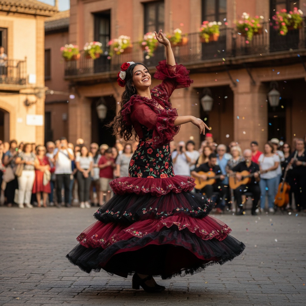 Emily, a 22-year-old Latina woman, embodies the vibrant spirit of Spain in a lively street scene filled with cultural richness. She wears a flowing flamenco dress with cascading layers of vivid red and black tulle, elegantly adorned with intricate floral embroidery. Captured during golden hour in an enchanting plaza, her dark, wavy hair is adorned with fresh roses, her arms raised in celebration as she twirls, embodying joy and confidence. Terracotta buildings and ironwork balconies frame the backdrop, while a shallow depth of field isolates her spirited presence to create intimacy against the bustling setting. The scene evokes the lively energy of a traditional Spanish fiesta, emphasizing youth and artistic expression. The image invites viewers into the heart of a sunlit celebration, highlighting Emily's grace and passion.