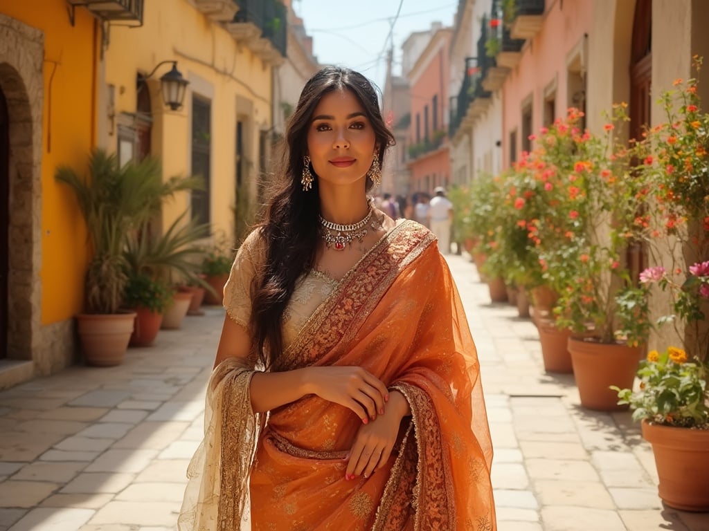 Emily, a 40-year-old Indian woman, standing gracefully in a beautiful Spanish setting. She is dressed in traditional attire that celebrates both her heritage and the vibrant culture of Spain, surrounded by historical architecture and colorful flowers. The scene captures the warm sun and inviting atmosphere of Spain, highlighting Emily's poise and elegance.