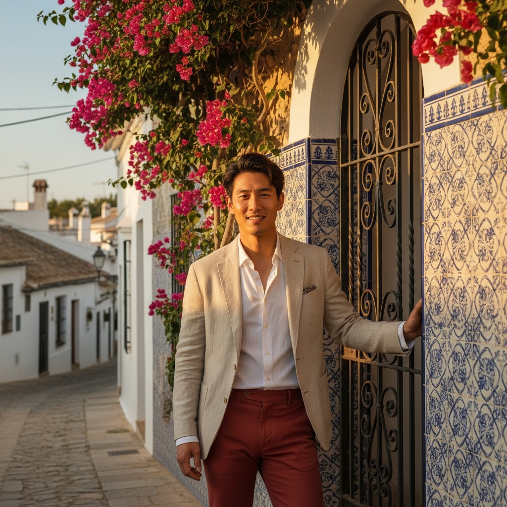 James, a striking 32-year-old Asian male model, embodies the essence of Spanish exuberance in a vibrant Andalusian village backdrop. He wears a tailored, sun-bleached linen blazer over a crisp, white cotton shirt and rich terracotta trousers that reflect the earthy tones of the region. The setting is adorned with intricate tilework and blooming bougainvillea cascading over stone walls, illuminated by the warm golden glow of the early evening. Leaning against a rustic wrought-iron gate in a relaxed pose, with tousled hair and sun-kissed skin, he radiates charisma and confidence, capturing the vibrant spirit of Spain and its cultural richness. This image evokes warmth, passion, and an invitation to explore—an homage to la vida española.