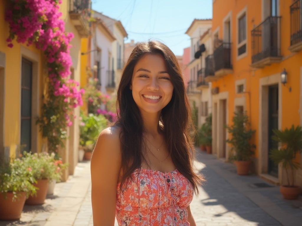 Jane, a 25-year-old Indian female, standing in a picturesque Spanish street filled with colorful buildings and flowers. She is wearing a stylish summer dress, smiling softly at the camera, with the warm sunlight illuminating her features. The setting reflects the vibrant culture of Spain, enhancing Jane's joyful demeanor and the beauty of her surroundings.