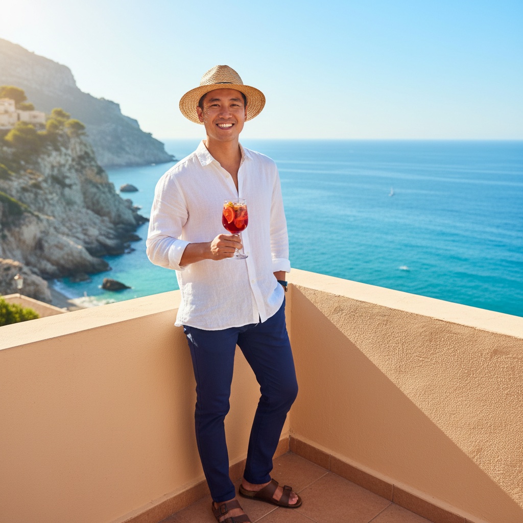 John, a 23-year-old Asian male, is captured in a sunlit coastal scene in Spain, exuding the vibrant spirit of Mediterranean allure. He wears a lightweight, crisp white linen shirt unbuttoned at the collar, tailored navy trousers, a handwoven straw fedora, and leather sandals. The backdrop features dramatic sun-kissed cliffs and a cerulean sea. John poses with one hand in his pocket and the other holding a glass of traditional Spanish sangria, warmly inviting with a radiant smile. The composition utilizes natural light to create a golden glow, inviting the viewer into the lively pulse of Mediterranean life, replete with passion and zest.