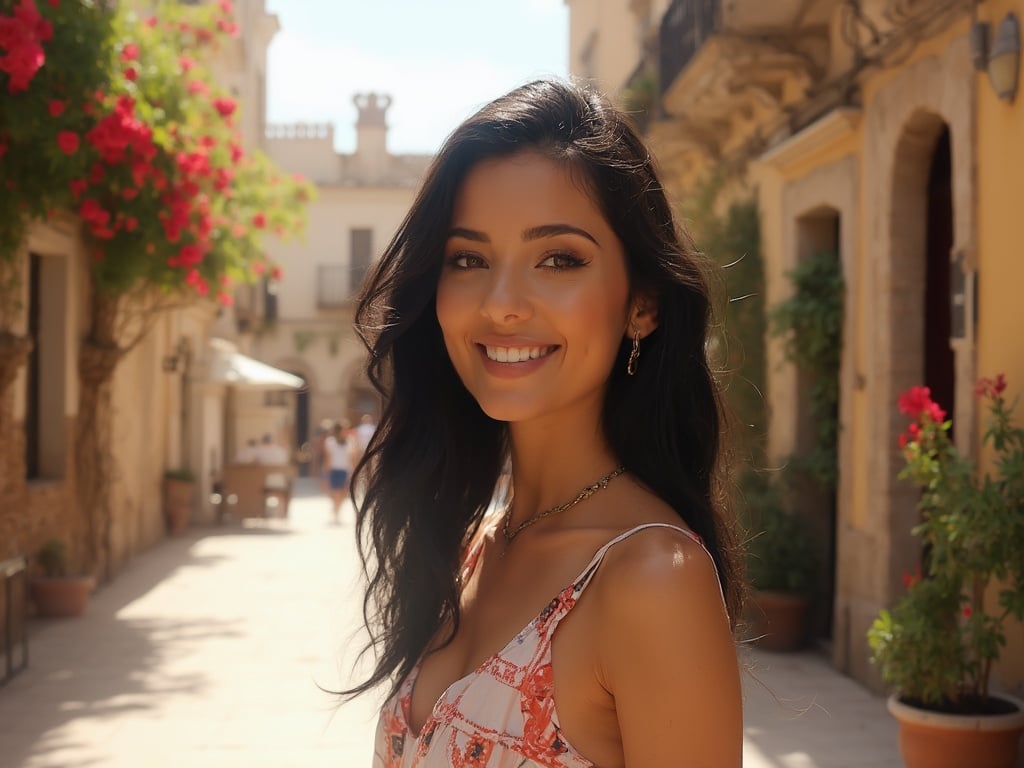 Olivia, a 30-year-old Latin female, standing in a picturesque Spanish plaza filled with vibrant flowers and traditional architecture. She has wavy black hair and a warm smile, dressed in a stylish summer dress with floral patterns. The sun is shining brightly, casting soft shadows, and the ambiance captures the essence of a lively day in Spain, reflecting the culture and beauty of the setting.