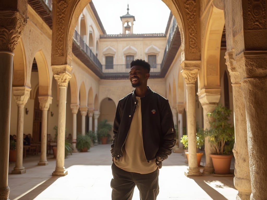 James, a 25-year-old black male, is standing in the historic Alhambra palace, Granada. He is dressed in a casual yet stylish outfit, showcasing the vibrant colors of the palace's architecture around him. The sunlight casts a warm glow over the intricate designs, enhancing the beauty of the setting. James appears engaged and admiring the surroundings, capturing the essence of his visit to this iconic cultural landmark.
