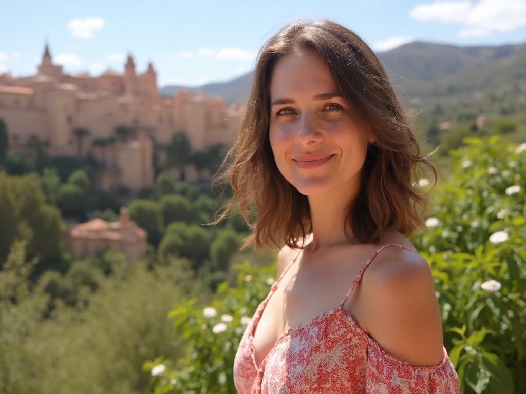 Jane, a 35-year-old Caucasian woman, standing in the beautiful setting of Granada, with the Alhambra palace visible in the background. She has shoulder-length brown hair, wearing a flowing summer dress that complements the scenic landscape. The image captures the essence of Granada with its vibrant colors, including lush greenery and terracotta rooftops, embodying a serene and picturesque atmosphere.