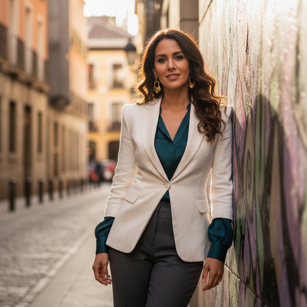 Jane, a striking 34-year-old Latin woman, embodies the urban elegance of Madrid's vibrant streets. She is dressed in a tailored, ivory linen blazer with sculpted shoulders and a cinched waist, paired with high-waisted charcoal trousers that elongate her silhouette. Underneath, a delicate silk blouse in hues of deep teal peeks out, its chiffon sleeves softly billowing in the afternoon sun. Her hair cascades in effortless waves, framing her face while oversized, geometric gold earrings catch the light, adding a touch of modern opulence. Leaning against a rustic, sun-kissed wall adorned with local art, Jane captures the essence of the city's artistic spirit. The warm golden tones of natural light envelop her, creating an inviting atmosphere amidst the edgy architecture of urban Madrid. The shallow depth of field isolates her, highlighting her poised demeanor and confident smile, making this image a reflection of sophistication and spontaneity—radiating the allure of a cosmopolitan woman navigating her city with style and grace.