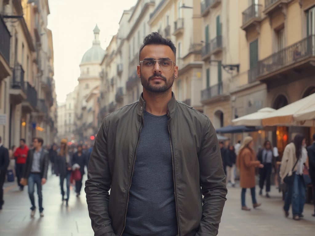 John, a 35-year-old Arab male, standing confidently in a vibrant outdoor plaza in Madrid. He is dressed in smart casual attire, with a stylish jacket and a relaxed demeanor. The background features classic Spanish architecture and lively street activity, reflecting the cultural ambience of Madrid. The scene captures John's engagement with the lively atmosphere of the city.