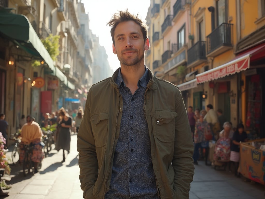 Michael, a 30-year-old Caucasian male, casually posing in a vibrant street scene in Madrid. He is dressed in modern urban attire, standing against the backdrop of iconic Madrid architecture, with sunlight illuminating the colorful buildings and lush street life. The atmosphere reflects the lively culture of the city, with hints of local art and people bustling about in the background.