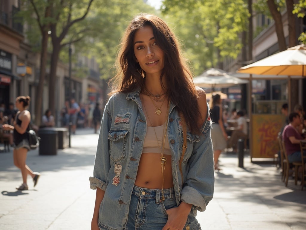 Olivia, a 25-year-old Indian female, standing in a lively plaza in Madrid, surrounded by street art and local cafés. She is dressed in a casual yet stylish outfit, embodying the essence of urban culture. The atmosphere is vibrant, capturing the spirit of Madrid with people walking by, trees lining the street, and the architectural beauty of the city in the background. The lighting is bright and inviting, typical of a sunny day in Spain.