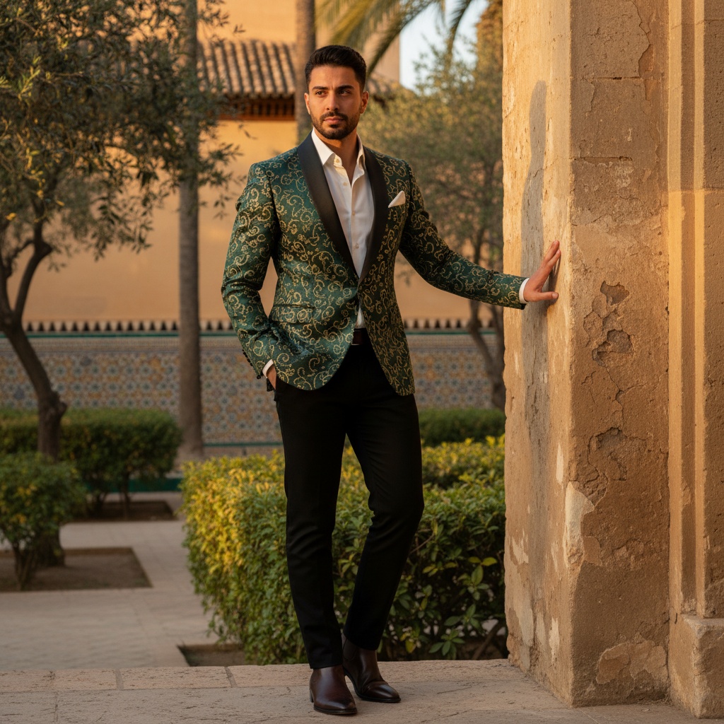 James, a 34-year-old Arab male, embodies the essence of a noble guardian at the Alcazar, dressed in a deep emerald green brocade jacket with gold embroidery over a crisp ivory shirt, paired with slim-fit black trousers and polished leather boots. He stands confidently with one foot slightly forward, left hand in pocket, right fingers grazing the ancient stone wall, capturing a blend of princely confidence and modern masculinity. The warm glow of sunset illuminates the historic backdrop of intricate tile work and lush greenery, creating an atmosphere rich with the spirit of Spanish heritage, where the past and present intersect beautifully.