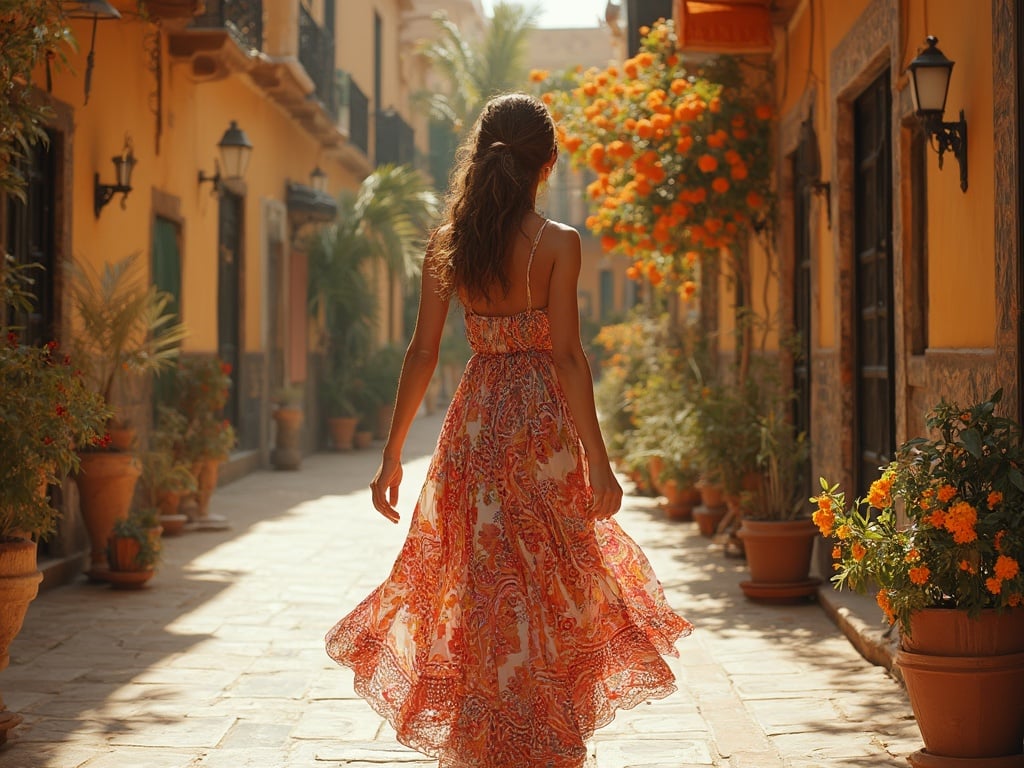 Olivia, a 40-year-old Arab female, is strolling through the enchanting streets of Seville, Spain. She is dressed in a vibrant, flowing dress that captures the essence of Andalusian culture. The backdrop features traditional Spanish architecture with intricate tiles and blooming orange trees, bathed in warm sunlight, creating a lively and picturesque scene.