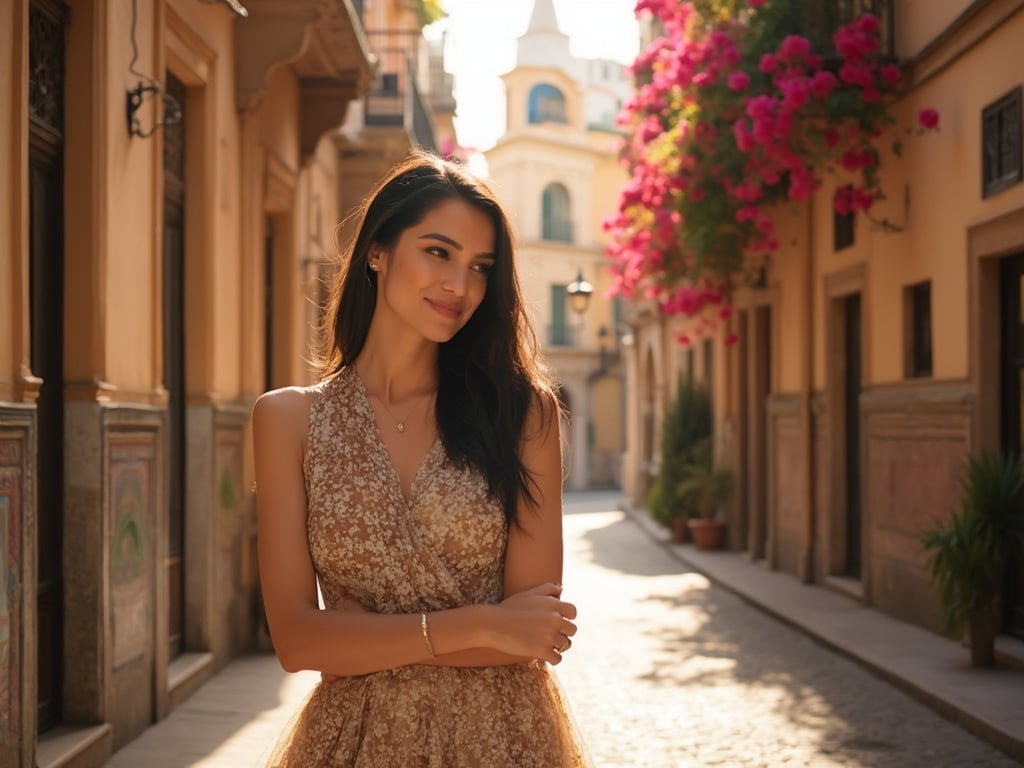 A 40-year-old Asian woman named Sarah, elegantly dressed, standing in a picturesque street in Seville. The backdrop features traditional Spanish architecture with vibrant tiles and blooming bougainvillea. The scene captures the warm glow of the sunset reflecting off the buildings, enhancing the charm of Seville and showcasing Sarah's connection to the cultural environment. She has a contemplative expression, embodying the beauty of the city.