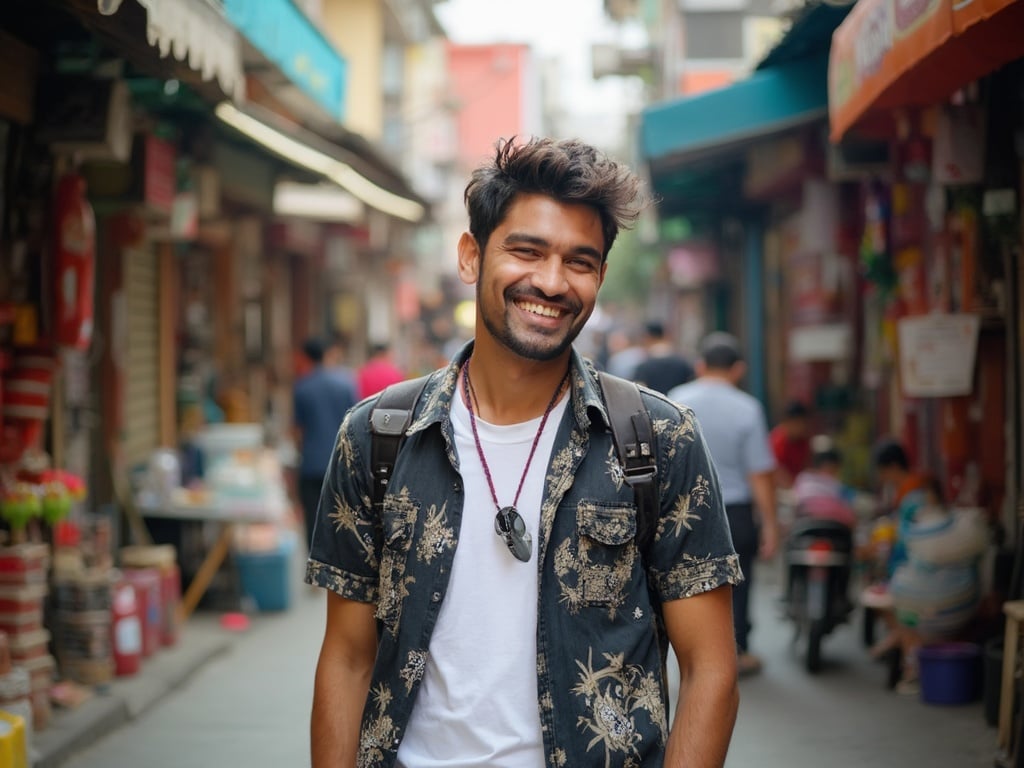 David, a 25-year-old Indian male, stands in a bustling street in Bangkok. He is wearing casual, fashionable attire, reflecting the vibrant culture of the city. The setting showcases colorful street markets and traditional architecture in the background, bustling with energy, capturing the essence of Bangkok's lively atmosphere. David has a cheerful expression, engaging with the vibrant surroundings.
