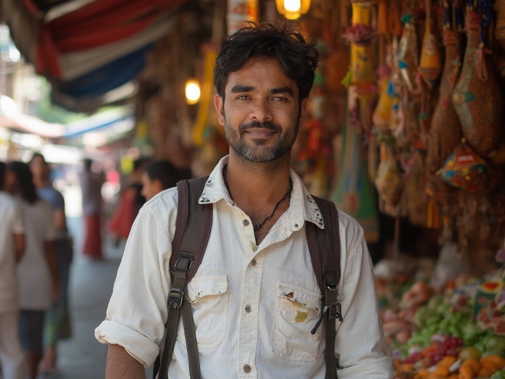 James, a 35-year-old Indian male, standing in a vibrant market setting in Chiang Mai, Thailand. He's dressed in casual, comfortable clothing suitable for exploring the local culture. The scene captures the colorful stalls and rich atmosphere of the market, with decorative items and local produce in the background, illustrating his engagement with the local community.