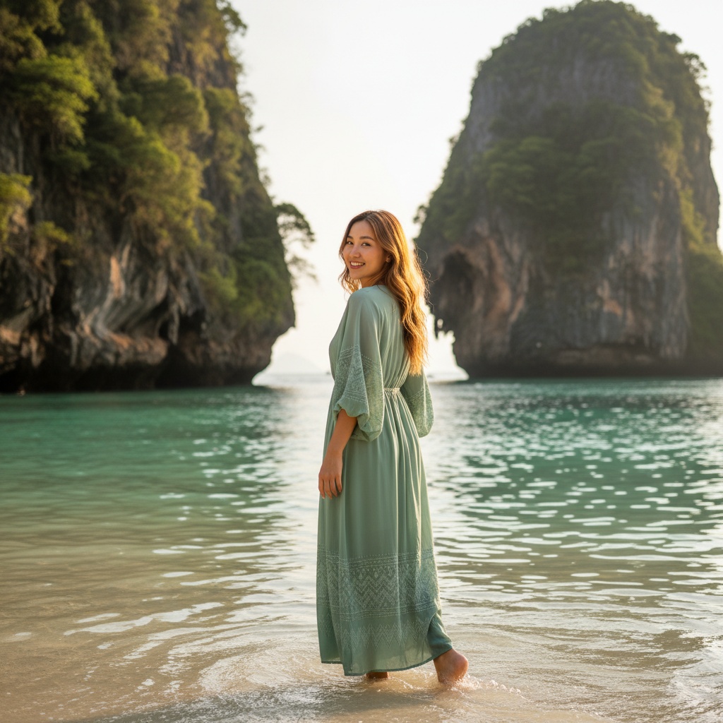 Emily, a 25-year-old Asian woman, exuding effortless grace, stands in a vibrant, sun-drenched moment at Railay Beach, Thailand. She wears a hand-embroidered chiffon georgette maxi dress in serene seafoam green, with fluttering sleeves and a cinched waist that nods to traditional Thai craftsmanship. The dramatic limestone cliffs and lush jungle foliage surround her as she wades into the shallow surf, her sun-kissed skin glowing against the vivid backdrop. Her cascading waves of hair catch the golden light, and she turns to glance over her shoulder with an inviting smile, encapsulating the warmth of Thai culture. The soft lighting enhances the serene atmosphere, capturing the essence of wanderlust and adventure in this idyllic scene.