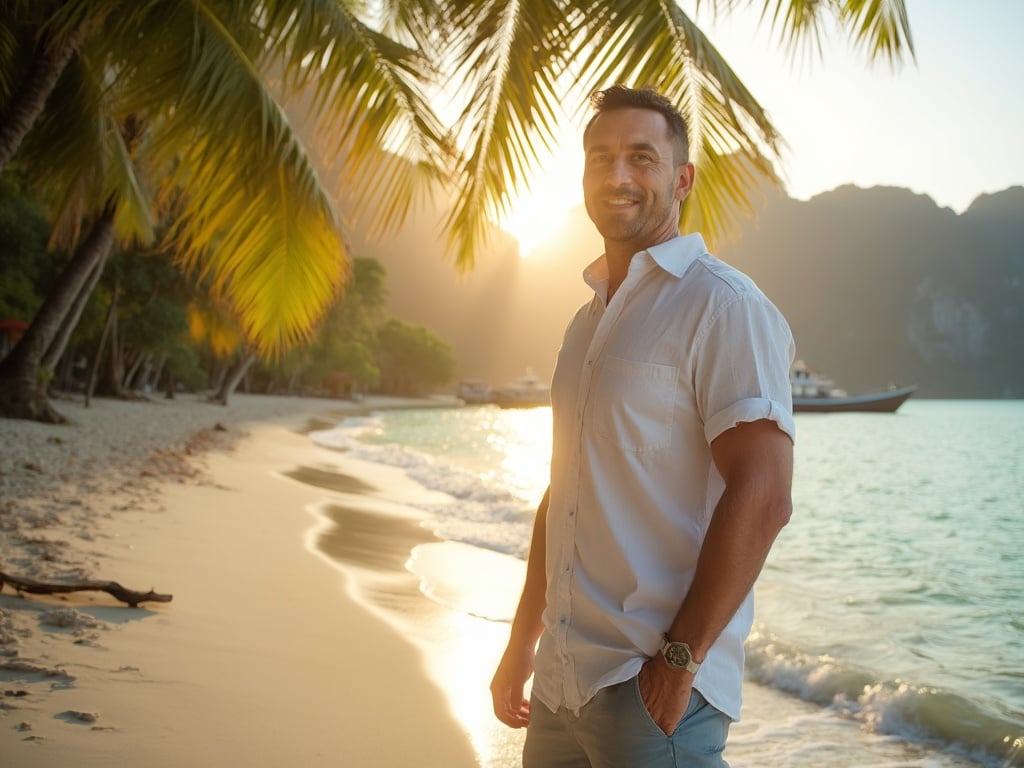 John, a 40-year-old Latin male, stands on a picturesque beach in Thailand, surrounded by palm trees and turquoise waters. He is casually dressed in a short-sleeve shirt and shorts, enjoying the tropical atmosphere. The setting sun casts a warm glow over the scene, highlighting John's relaxed demeanor and the natural beauty of the Thai landscape. The image captures a sense of tranquility and adventure.