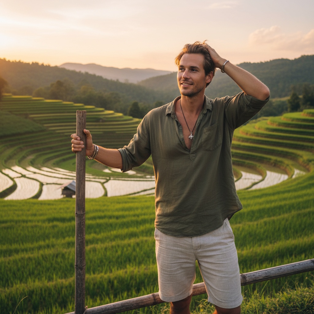 John, a captivating male figure aged 27, exuding an adventurous spirit, stands against the stunning backdrop of Thailand’s lush landscapes, with emerald-green rice paddies cascading behind him. Dressed in lightweight, linen-cotton blend shorts and an earth-toned, relaxed-fit short-sleeve shirt, he harmonizes with nature. Sun-kissed skin highlights minimalistic silver jewelry—an arm cuff and charm necklace—evoking wanderlust. Posed thoughtfully with one hand on a bamboo pole, he brushes back his tousled hair, showcasing a charming demeanor. The soft golden light of sunset bathes the scene in warmth, enhancing his relaxed vibe. The composition follows the rule of thirds, capturing serenity and the joy of travel within an unforgettable visual story.