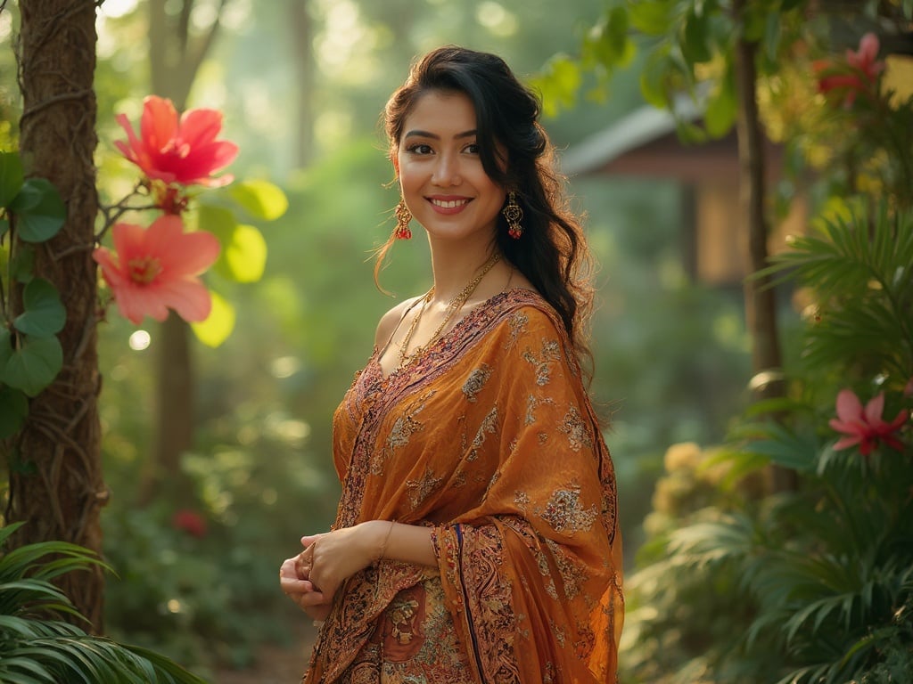 Sarah, a 30-year-old Arab woman, standing gracefully in a lush Thai setting, surrounded by tropical plants and vibrant flowers. She is wearing traditional Thai attire that showcases the blend of cultures, with an inviting smile. The atmosphere is warm and inviting, capturing the essence of Thailand's natural beauty and Sarah's graceful presence within it.