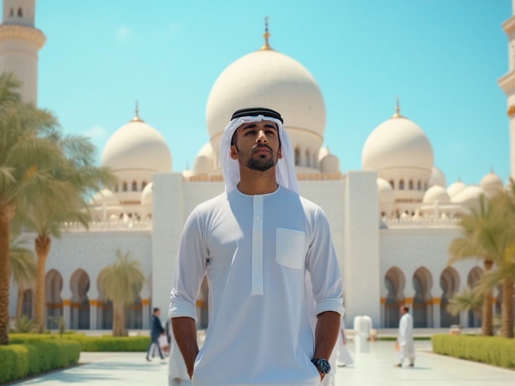 David, a 35-year-old Middle Eastern male, is standing confidently in a vibrant Abu Dhabi setting, possibly in front of the Sheikh Zayed Grand Mosque. He is dressed in stylish, modern attire reflecting the blend of tradition and contemporary fashion. The background showcases the stunning architecture of Abu Dhabi with clear blue skies and lush greenery, capturing the essence of the city.