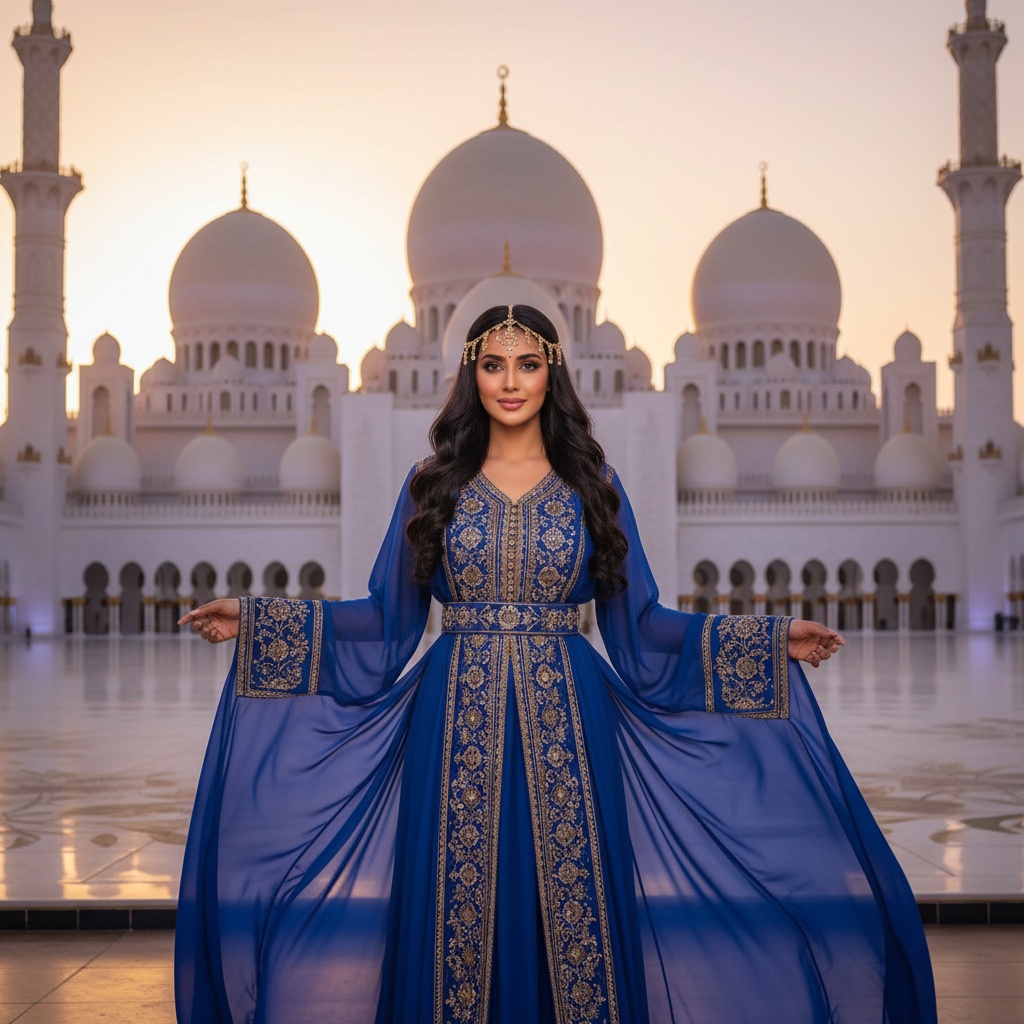 Jane, a 27-year-old Indian woman, embodies the opulence of the UAE, draped in an extravagant royal blue silk chiffon kaftan with intricate gold embroidery, positioned against the iconic Sheikh Zayed Grand Mosque at sunset. The warm golden glow accentuates the lavish fabric and her graceful features. Her dark hair cascades in waves, adorned with a gold headpiece, creating a contemporary princess look. The dramatic lighting highlights her cheekbones and soft shadows add depth, encapsulating the harmonious blend of culture and modernity in this striking image.