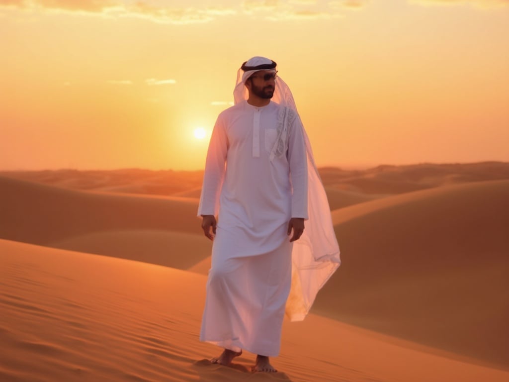 John, a 30-year-old Arab male, standing confidently in the stunning landscape of the UAE. He is dressed in traditional Emirati attire, which includes a white kandura and a ghutrah. The backdrop features the iconic sand dunes of the desert, with the sun setting in warm hues of orange and red. This scene captures the essence of Emirati culture and the beauty of the desert landscape while emphasizing John's proud stature and heritage.