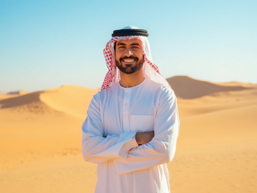 Michael, a 25-year-old Arab male, standing confidently in a traditional Emirati outfit in a beautiful outdoor setting in the UAE. The background showcases the stunning desert landscape with golden dunes under the bright blue sky. The image captures the essence of Arab culture, highlighting Michael's heritage and connection to the rich traditions of the region. Michael has a warm smile and is posed naturally, embodying the spirit of the UAE.