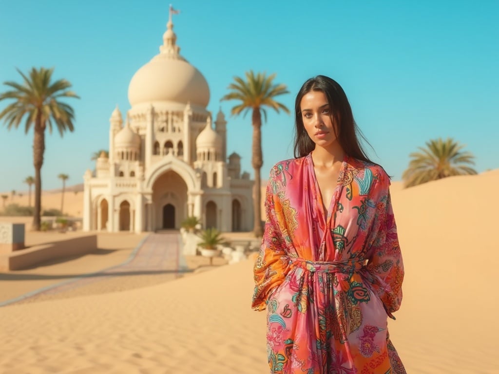 Olivia, a 25-year-old Arab woman, is standing against the backdrop of a stunning UAE landscape, showcasing the blend of modern architecture and traditional desert. She is dressed in a stylish contemporary outfit that reflects her cultural heritage. The setting is vibrant and colorful, capturing the essence of UAE's unique charm and beauty, with clear blue skies and palm trees in the background. The image should highlight Olivia's poise and connection to her environment.