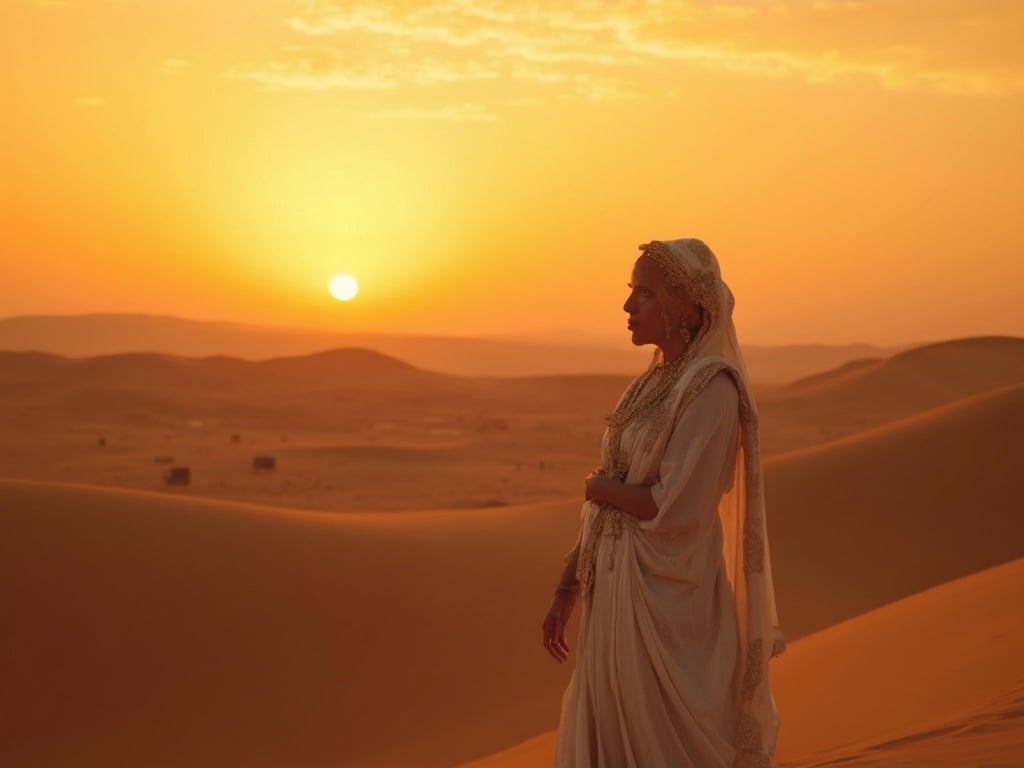 Olivia, a 40-year-old Middle Eastern woman, elegantly dressed in traditional attire, standing against the stunning backdrop of a desert sunset in the UAE. The scene captures the warm golden hues of the sky as the sun sets, reflecting Olivia's graceful presence. The vast sand dunes stretch into the distance, enhancing the tranquil and majestic atmosphere of the desert.